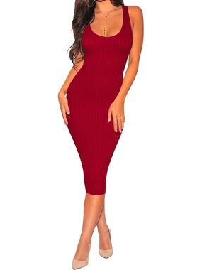 Women's 9031red Scoop Neck Sleeveless Ribbed Knit Casual Bodycon Midi Dresses